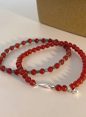 925纯银红玛瑙手链新中式年年有鱼锦鲤圆珠天然玉石手环叠带百搭