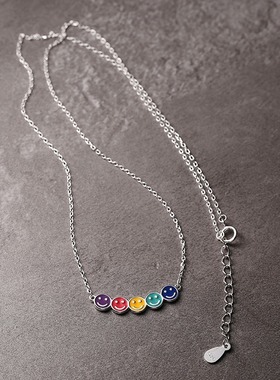 s925纯银多巴胺彩色笑脸项链女小众设计微笑彩虹锁骨链送闺蜜礼物