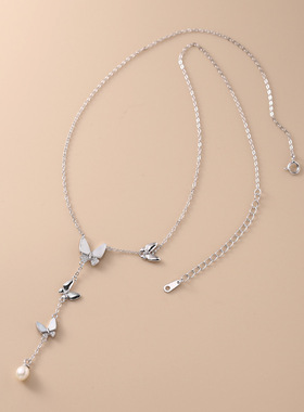 925纯银珍珠项链女简约百搭小众设计精致蝴蝶镶钻流苏锁骨链礼物