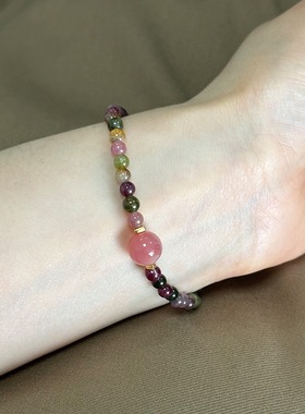 彩色碧玺手串纯银天然玉髓水晶玉石手链弹力绳小众设计中国风礼物
