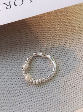 925纯银碎银子天然珍珠戒指女简约百搭不规则弹力绳指环小众设计