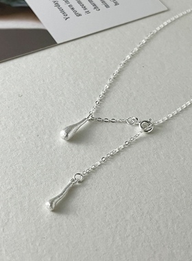 925纯银磨砂水滴流苏项链女亮银色简约百搭拉丝锁骨链小众清冷感