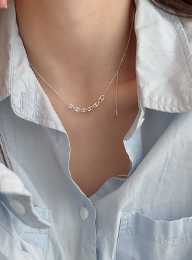 925纯银猪鼻子流苏锆石项链女简约时尚可调节长度小众设计锁骨链