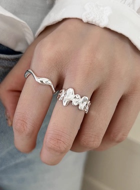 不规则皱褶s925纯银戒指女小众设计开口可调节指环气质百搭冷淡风