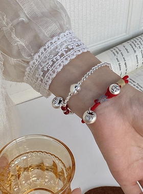 新中式999足银小胖福红色手链新年本命年礼物爱心银坨坨红绳手串