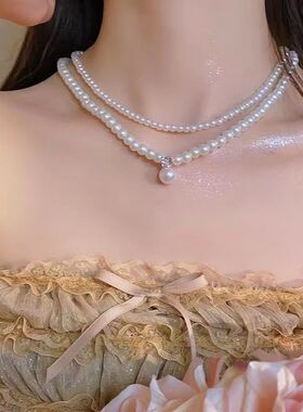 法式复古珍珠双层项链小米珠配饰女高级感轻奢小众锁骨链choker