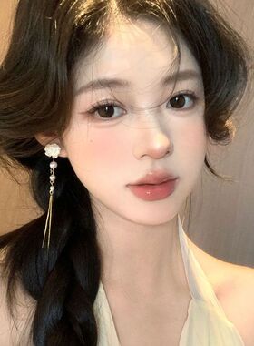 山茶少女~超仙白色山茶花朵珍珠流苏耳环长款显脸小耳饰森系耳夹