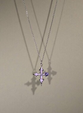 Vintage古着The Purple Cross女生项链紫色水钻十字架吊坠饰品新