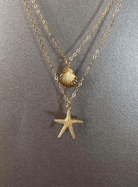 「biu boom」中古金色海星贝壳项链海边度假风复古叠戴双层锁骨链