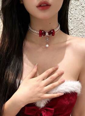 新年氛围感红色闪钻蝴蝶结项链choker宴会晚礼服锁骨链颈链