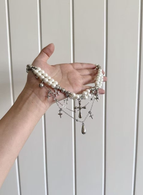 哥特风多层叠戴项链串珠十字架珍珠项链甜酷辣妹风重工流苏锁骨链