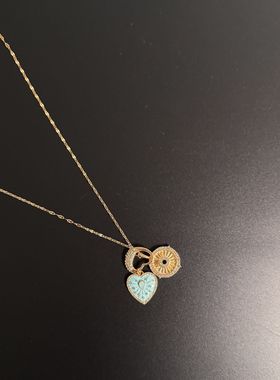 vintager 古着叠戴薄荷绿小众设计感太阳花爱心吊坠项链女锁骨链