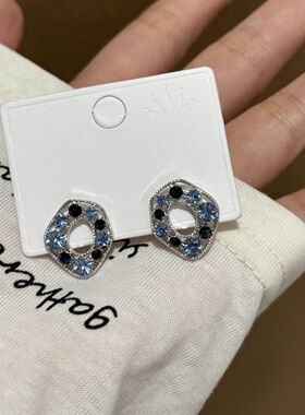 [楼哈哈]蓝色锆石甜甜圈几何镂空耳钉耳夹小众设计感独特耳环