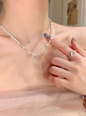 韩系粉锆星星碎银子珍珠项链女轻奢小众高级感锁骨链配饰气质颈链