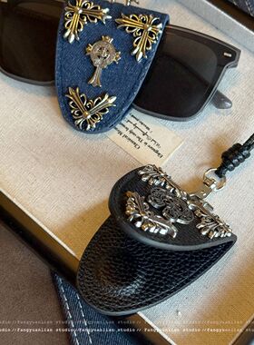 甜酷并存 重工十字架皮革磁吸墨镜吊坠项链女长款毛衣链挂脖配饰