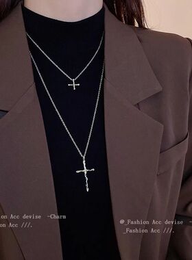 银色叠戴十字架项链个性时尚简约ins风毛衣链大气高档高级感项饰