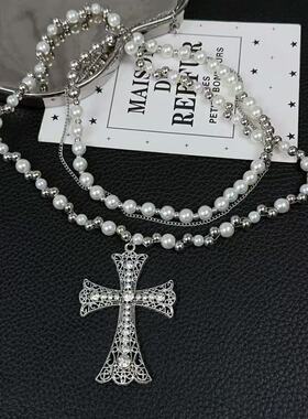 甜酷y2k个性多层叠戴串珠高级十字架项链女小众哥特辣妹锁骨链潮