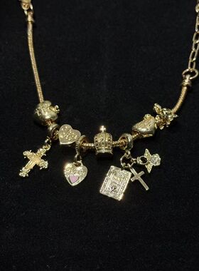 Vintage古着 Cross Heart中古重工十字架爱心吊坠手链可调节手环