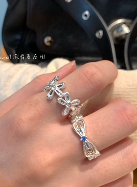 银色花朵戒指女小众设计 蝴蝶结食指戒指女 蝴蝶结开口可调节女戒