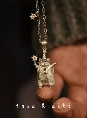 「巫师猫」手工雕刻可爱巫师魔法猫咪吊坠项链小众设计俏皮锁骨链