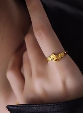 新中式金色小马钱币戒指女新年本命年精致开口食指戒