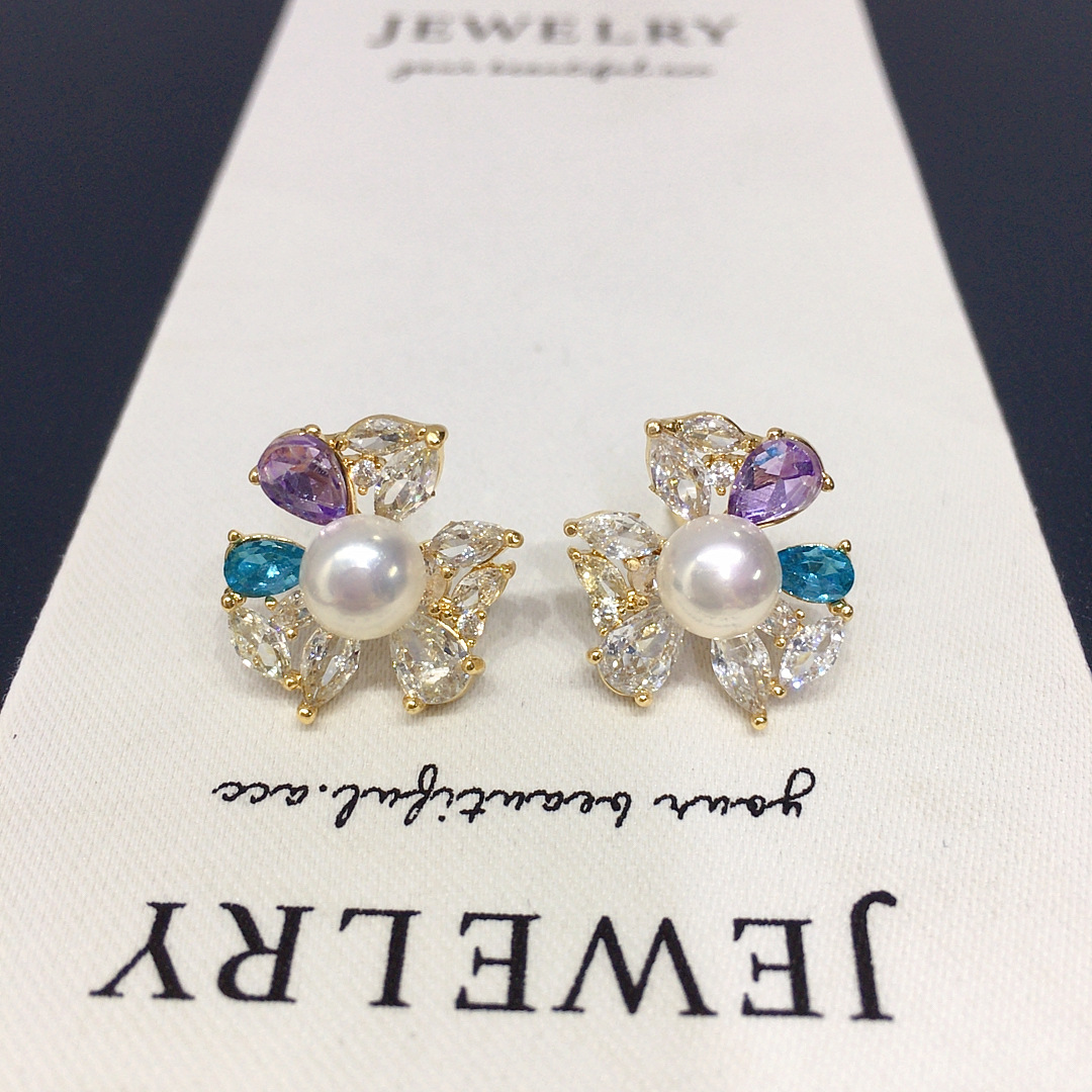 诸暨天然淡水珍珠耳钉女彩色水晶锆石高级感花朵珍珠耳环 - 图0