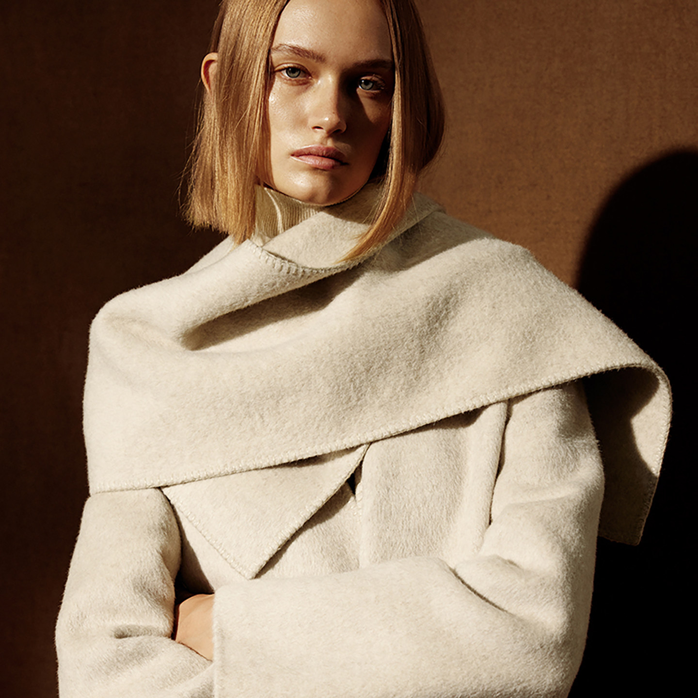 羊织道可颂 丝驼毛V领毛呢外套2024冬中长款灰色双面呢羊毛大衣