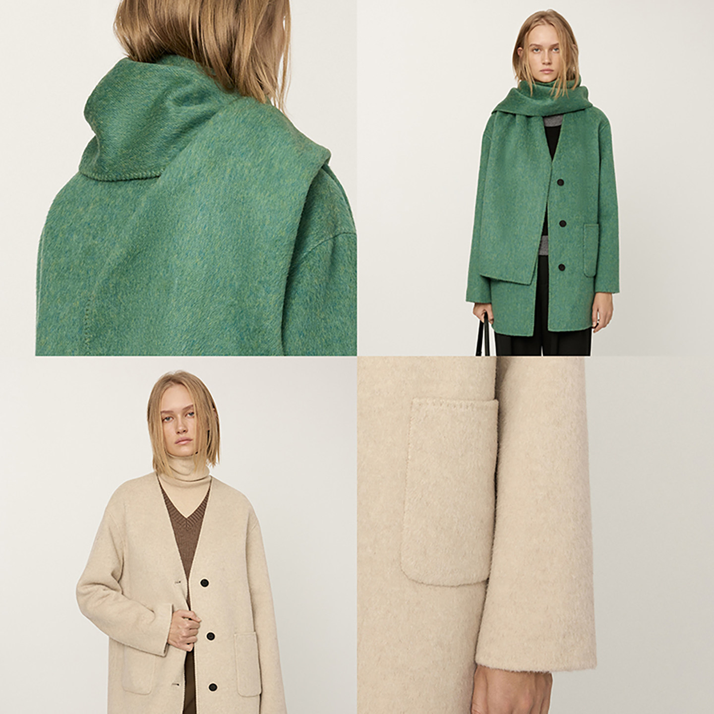 羊织道可颂 丝驼毛V领毛呢外套2024冬中长款灰色双面呢羊毛大衣