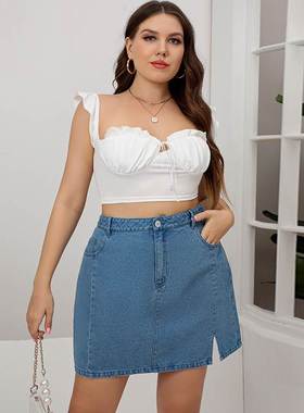 L-5xl Women's Blue Butt Wrap Skirt大码胖MM蓝色包臀短裙20