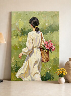 手绘油画《青野》客厅沙发背景墙装饰画小众艺术挂画绿色风景壁画