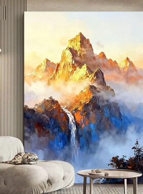 日照金山纯手绘油画风景玄关装饰画客厅沙发墙挂画美式高级感壁画