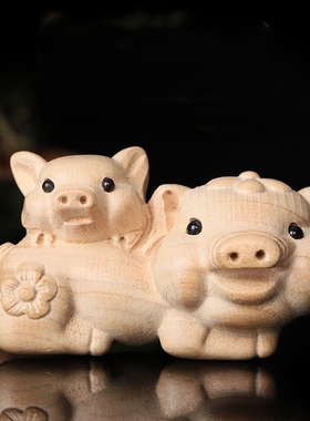 天然桃木富贵母子猪摆件实木雕刻家居公司办公桌书桌摆寅亥堂正品