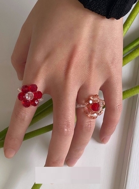 水晶戒指女个性红色透明米珠花朵编织小众手工复古串珠气质指环女