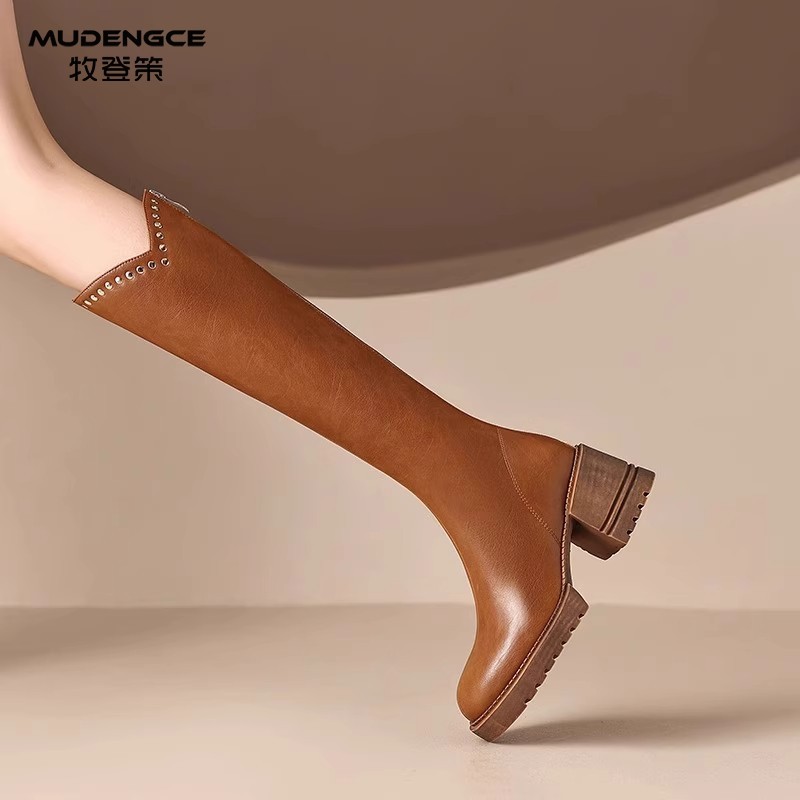 复古v口高跟长靴女新款英伦方头小众长筒靴棕色不过膝气质骑士靴,淘宝优惠券,粉丝福利购,淘宝优惠卷