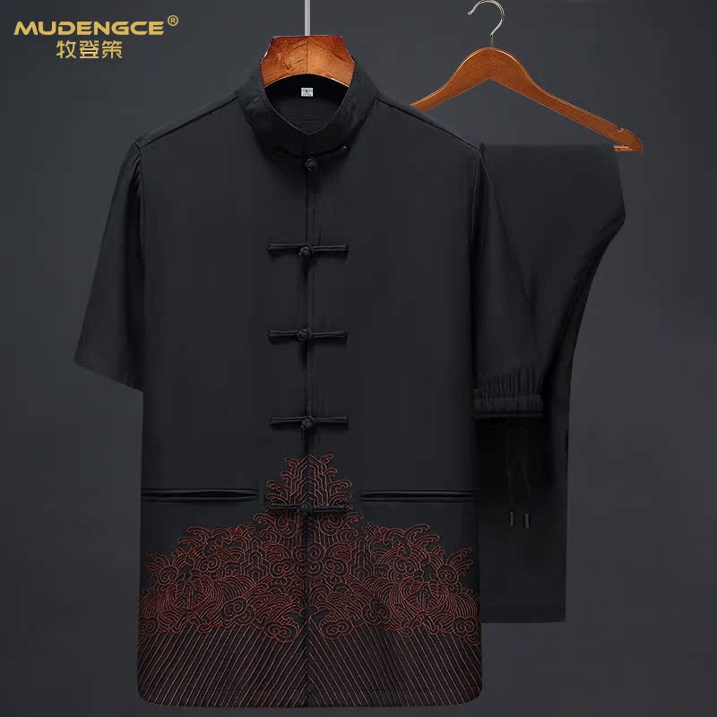 中国风唐装男夏季短袖冰丝爸爸汉服 牧登策唐装