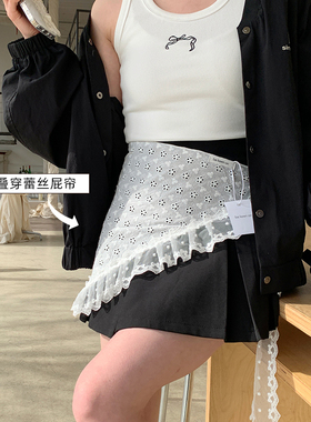 韩版白色网纱蕾丝屁帘女2025春季新款系带叠穿百搭遮臀遮胯半身裙