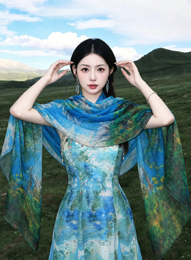 民族风蓝色薄款丝巾女波西米亚百搭披肩两用海边旅游拍照防晒纱巾