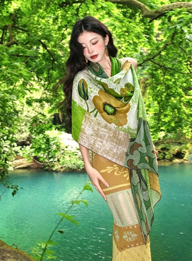 2026小清新绿色油画丝巾女夏季防晒旅游大披肩沙滩巾薄款围巾纱巾