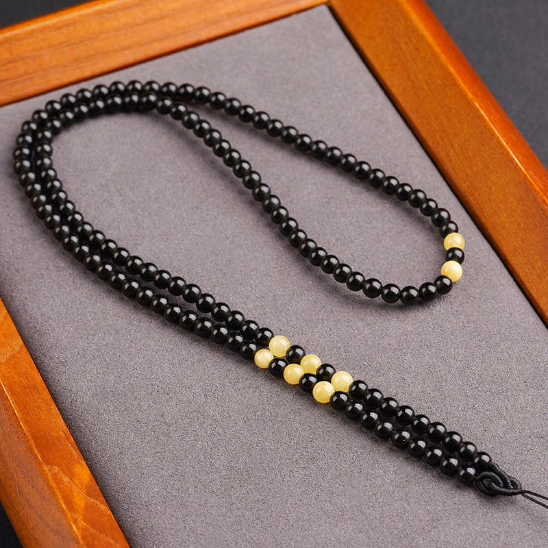 黑曜石蜜蜡罗盘单耳吊坠链条长款佛牌罗盘挂绳金锁唐卡配绳男女款 - 图3