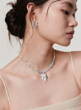 ZHAO ACAP原创设计白水晶拼接海蓝宝长花花锁骨链