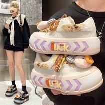 Tidal Ugly Cute Bread Small White Shoes Women Autumn Winter Plus Suede Warm Sheep Lamb Wool Wool Shoes Thick Bottom Fashion Dresses Board Shoes