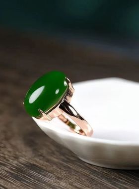 和田玉戒指玫瑰金碧玉戒指蛋B面菠菜绿K金金镶玉戒指女戒