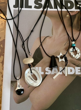 暗黑风复古亚文化小众设计十字架皮项链木牌拼接星星皮绳长项链