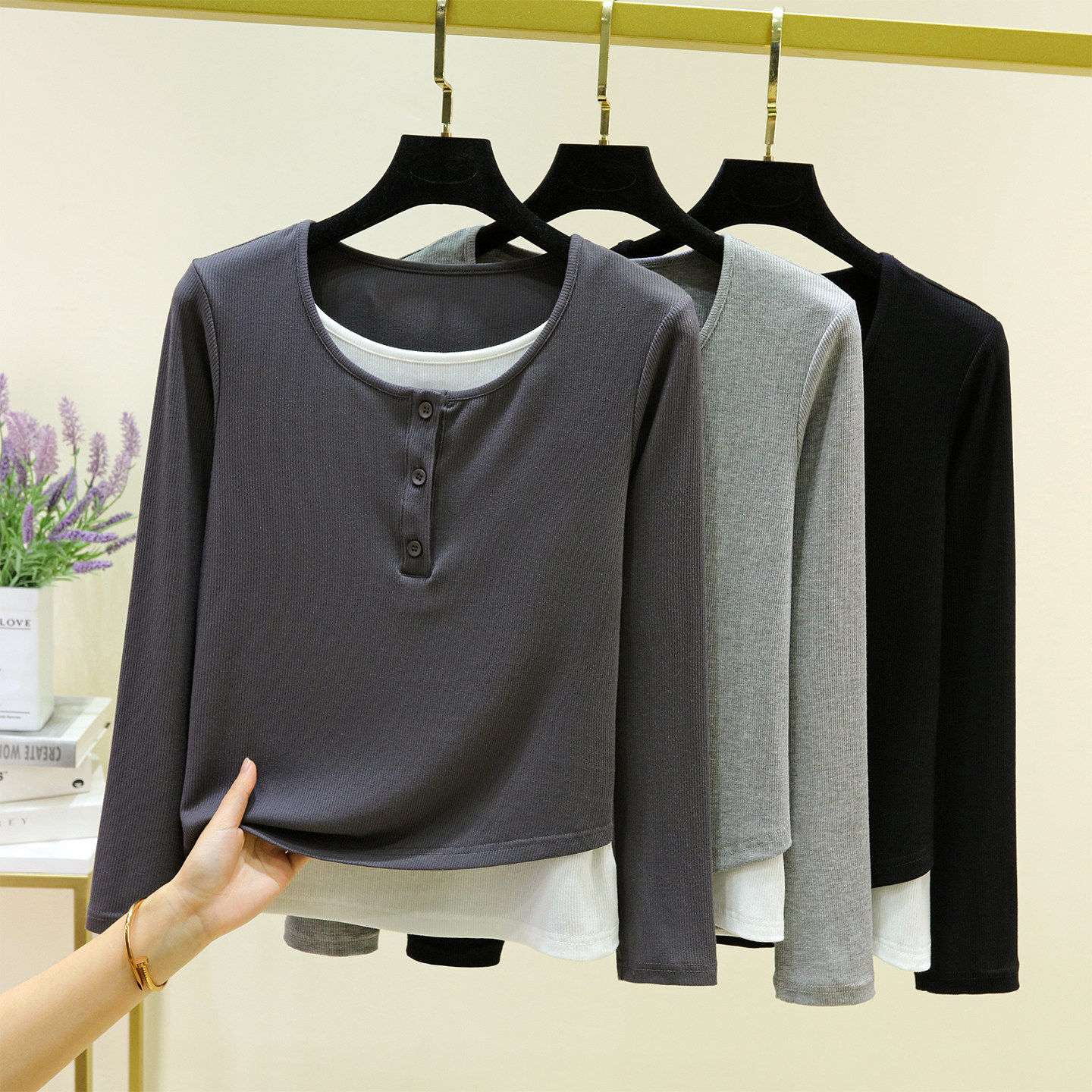 螺纹长袖休闲可外穿设计感薄款上衣假两件T恤女士新款内搭打底衫,淘宝优惠券,粉丝福利购,淘宝优惠卷