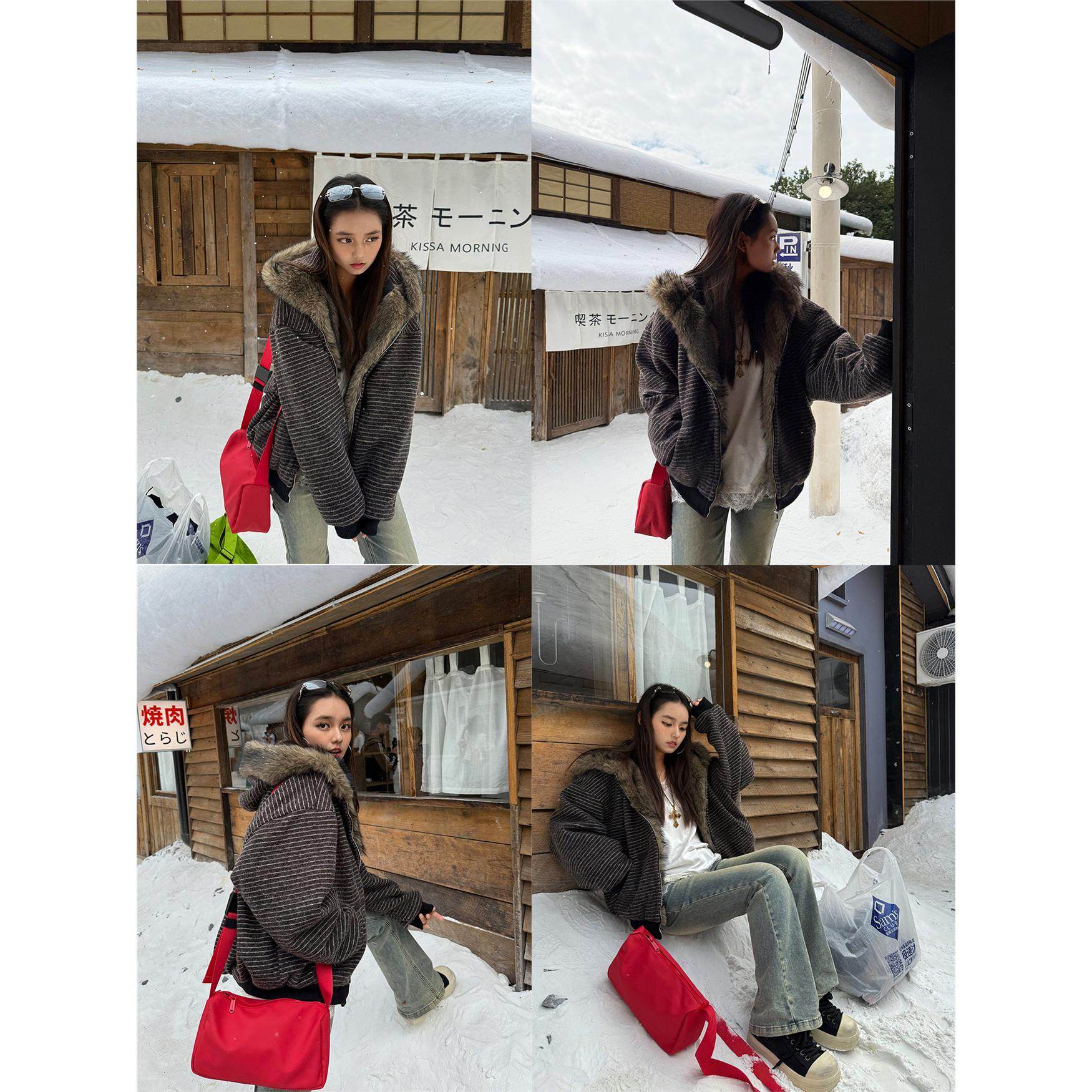 一祇土狗啊/冬季加绒条纹连帽卫衣女美式覆古毛领开衫加厚外套潮,淘宝优惠券,粉丝福利购,淘宝优惠卷