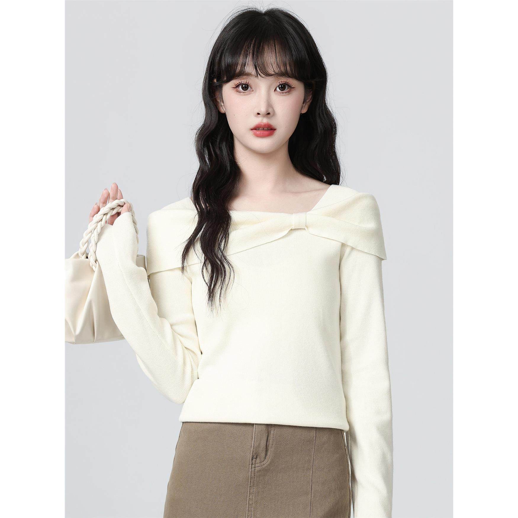 杏色一字肩长袖针织衫女秋2025春秋新款蝴蝶结内搭打底衫显瘦上衣,淘宝优惠券,粉丝福利购,淘宝优惠卷