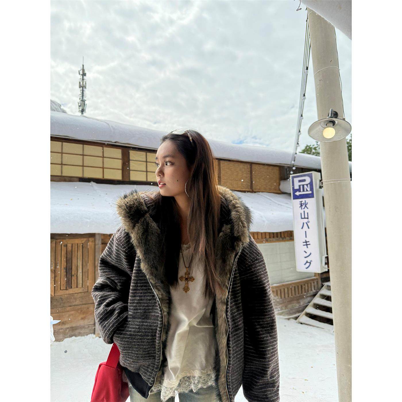 一祇土狗啊/冬季加绒条纹连帽卫衣女美式覆古毛领开衫加厚外套潮,淘宝优惠券,粉丝福利购,淘宝优惠卷