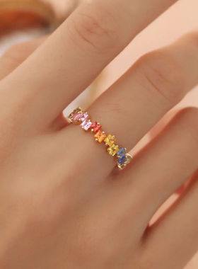 法国Gentle Motto彩虹系列镀925镶嵌彩色仿宝石仿碧玺石戒指简约