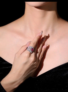 法国gentle motto设计红刚玉玫红爱心镂空开口戒指高级感时尚