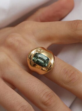 法国gentle motto绿碧玺厚金复古戒指时尚简约个性百搭气质